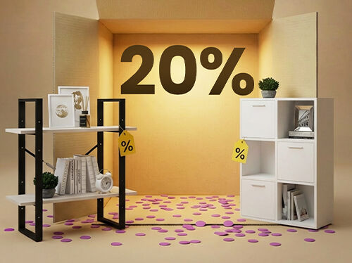 Mobilier de depozitare minimalist din metal negru și lemn deschis cu cuburi albe, prezentat &icirc;ntr-un decor tip cutie, cu reducere de 20% la mobilierul de depozitare.