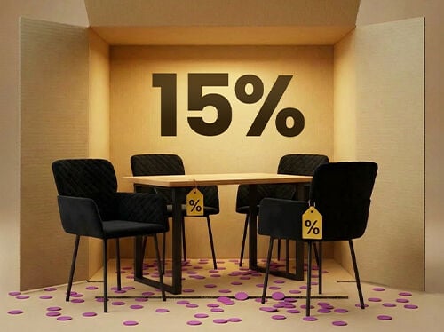 Masă de dining cu scaune tapițate negre, prezentate &icirc;ntr-un decor tip cutie, cu reducere de 15% la mobilierul de dining