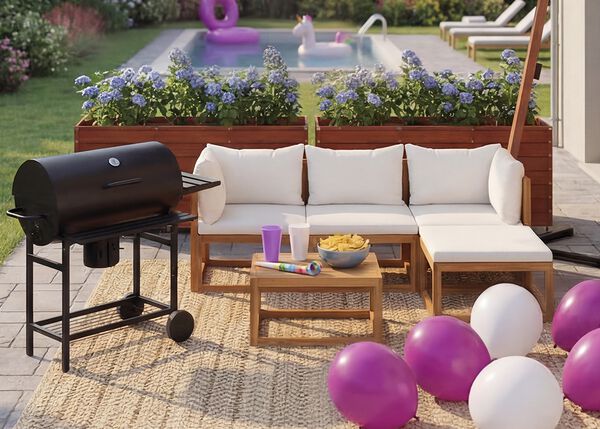 Banner for Talking Furniture Episode 1 featuring an acacia wood modular lounge set with cream cushions, a corten steel planter with tall ornamental grass, an outdoor rug, a gas grill, and a folded dark grey umbrella.