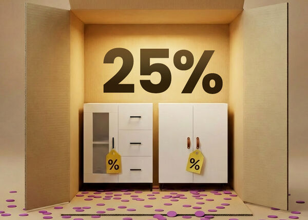Comode și dulapuri albe moderne, prezentate &icirc;ntr-un decor tip cutie, cu reducere de 25% la mobilierul de depozitare