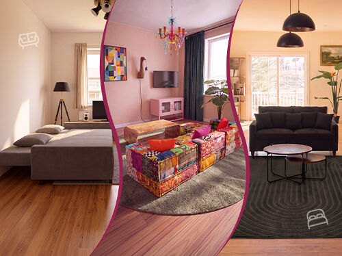 Colaj cu trei stiluri de canapele: un living modern cu canapele &icirc;nchise la culoare, o canapea modulară patchwork colorată &icirc;n jurul unei măsuțe de cafea și o canapea extensibilă gri, complet desfăcută. Dă clic pentru a vedea colecția de canapele.