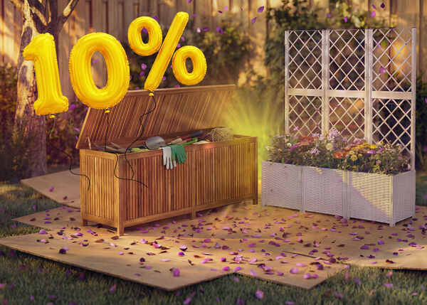 Cutie de depozitare pentru grădină cu unelte și o jardinieră cu spalier și flori &icirc;ntr-un decor de curte, &icirc;nconjurate de confetti roz și baloane aurii &bdquo;10% reducere&rdquo;, evidențiind o v&acirc;nzare sezonieră de spații de depozitare pentru grădină și jardiniere.
