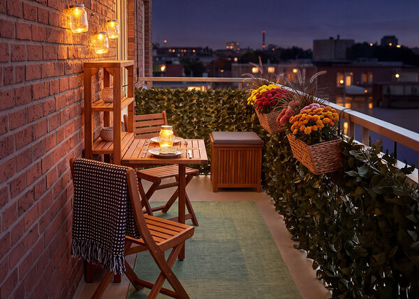 Balcon mic cu scaune și masă din lemn, luminat de felinare și lum&acirc;nări, decorat cu flori &icirc;n ghiveci și verdeață, cu vedere spre orizontul orașului pe timp de noapte.