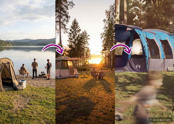 Banner &icirc;mpărțit &icirc;n trei secțiuni, care ilustrează evoluția experiențelor de camping. &Icirc;n st&acirc;nga, trei persoane pescuiesc și se relaxează l&acirc;ngă un cort mic, pe malul unui lac la apus. &Icirc;n centru, două persoane stau la o masă, av&acirc;nd &icirc;n spate un cort mai mare, albastru cu gri, tot la apus. &Icirc;n partea dreaptă se vede o imagine estompată a unei structuri tip cort de dimensiuni mai mari. Săgețile dintre imagini indică o tranziție &icirc;ntre scene, suger&acirc;nd o &icirc;mbunătățire a experienței de recreere &icirc;n aer liber.