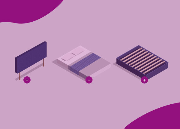 Ilustrație a trei componente separate ale patului: o tăblie &icirc;n st&acirc;nga, o saltea cu lenjerie &icirc;n centru și o somieră cu lamele &icirc;n dreapta, fiecare cu o pictogramă circulară plus dedesubt.