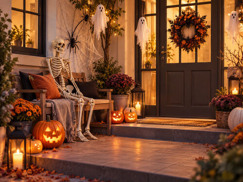 Verandă din fața casei decorată de Halloween, cu dovleci aprinși, un schelet pe bancă, fantome agățate, p&acirc;nze de păianjen și lumini festive calde.