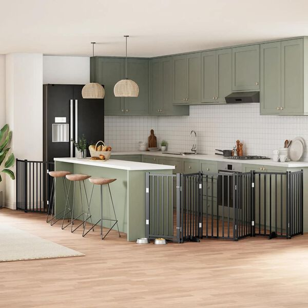 vidaXL Poartă c&acirc;ini pliabilă cu ușă 9 panouri negru, 450 cm, lemn plop