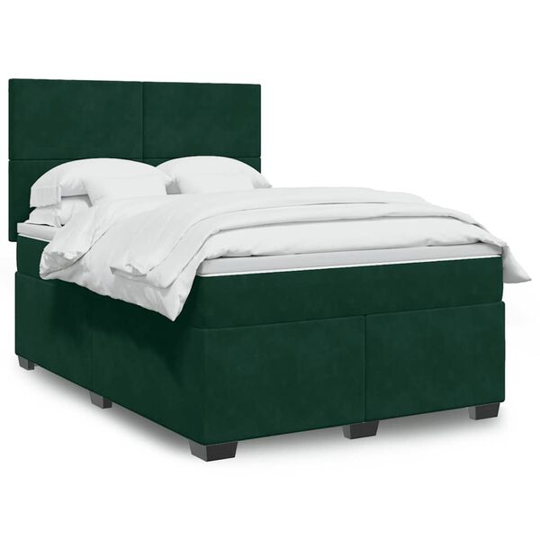 vidaXL Pat box spring cu saltea, verde &icirc;nchis, 140x190 cm, catifea