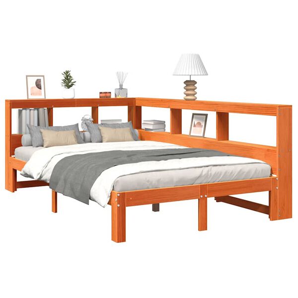 vidaXL Pat cu bibliotecă fără saltea, maro, 120x190 cm, lemn masiv pin