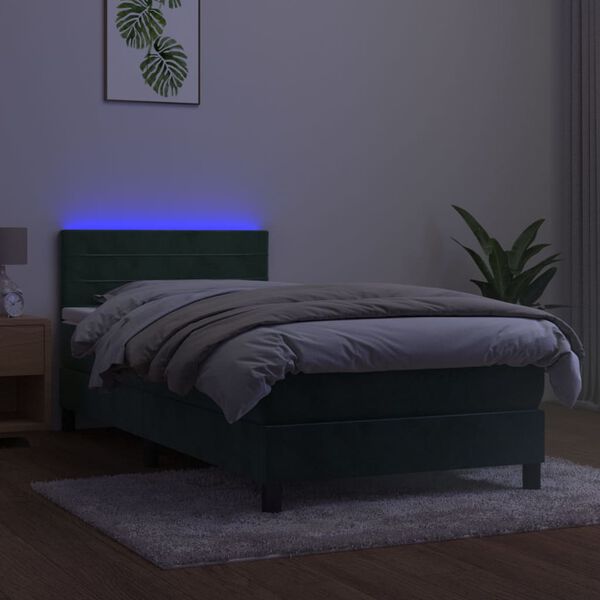 vidaXL Pat continental cu saltea și LED verde &icirc;nchis 80x200 cm catifea