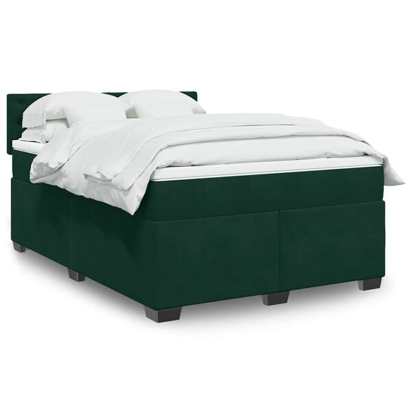 vidaXL Pat box spring cu saltea, verde &icirc;nchis, 140x190 cm, catifea