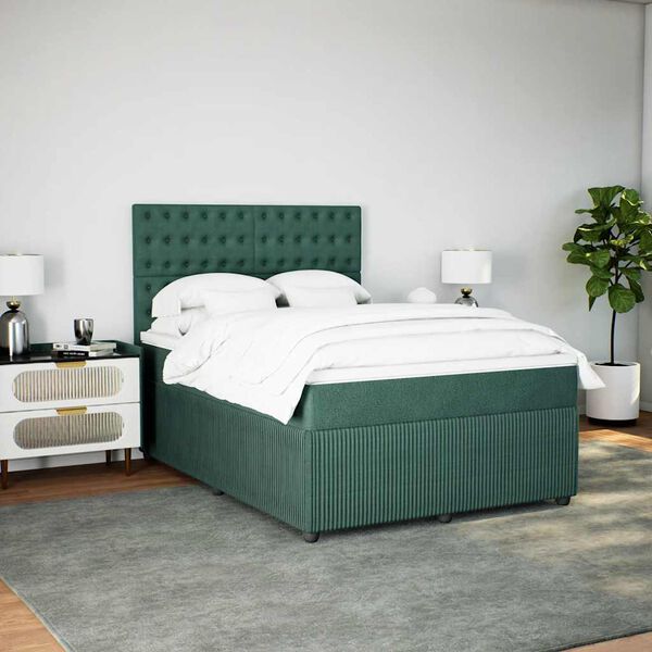 vidaXL Pat box spring cu saltea, verde &icirc;nchis, 140x190 cm, catifea