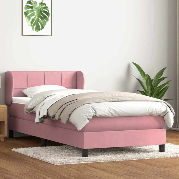 vidaXL Pat box spring cu saltea, roz, 80x210 cm, catifea