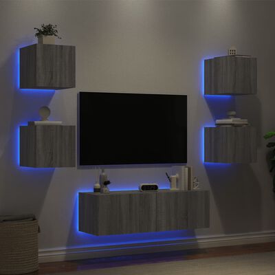 vidaXL Comode TV de perete cu lumini LED, 5 piese, gri sonoma