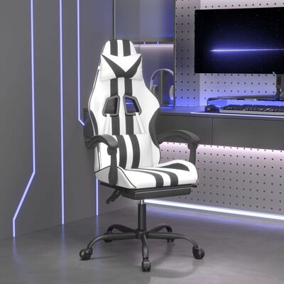 vidaXL Scaun de gaming cu suport picioare, alb/negru, piele ecologică