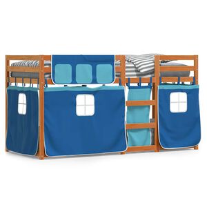 vidaXL Pat supraetajat cu perdele, albastru, 75x190 cm, lemn masiv pin