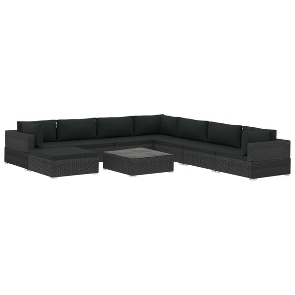 vidaXL Set mobilier de grădină cu perne, 9 piese, negru, poliratan