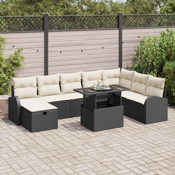 vidaXL Set de canapele pentru grădină cu pernă 9 pcs Negru Rattan poli