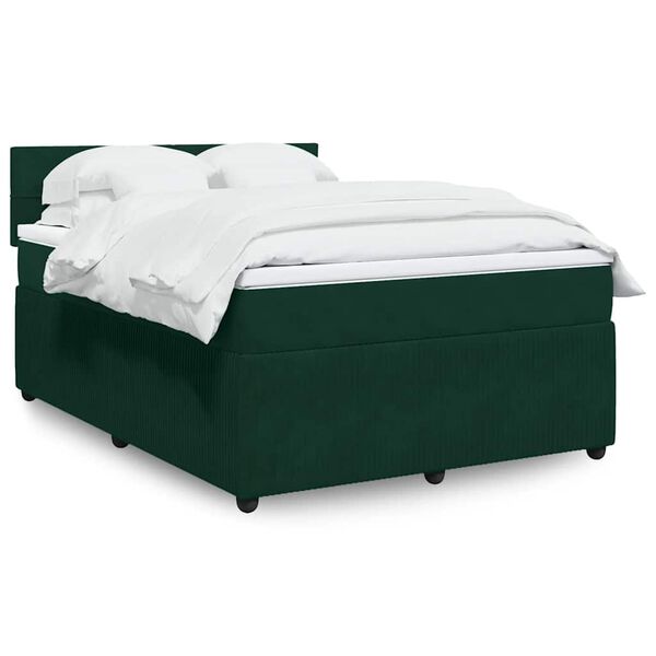 vidaXL Pat box spring cu saltea, verde &icirc;nchis, 140x200 cm, catifea