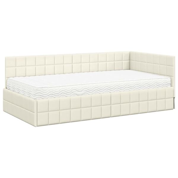 vidaXL Cadru de pat colțar cu saltea cu headboard 2 pcs Crem Catifea