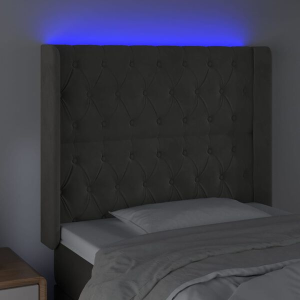 vidaXL Tăblie de pat cu LED, gri &icirc;nchis, 103x16x118/128 cm, catifea