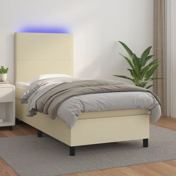 vidaXL Pat continental cu saltea și LED, crem, 80x200 cm, piele eco
