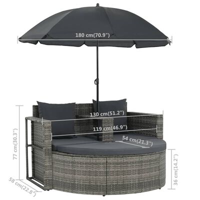 vidaXL Canapea de grădină cu 2 locuri cu perne & umbrelă gri poliratan