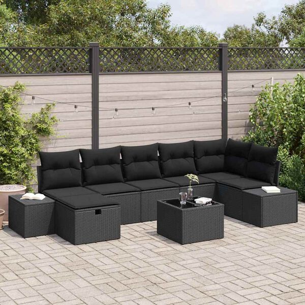vidaXL Set de canapele pentru grădină cu pernă 8 pcs Negru poliratan