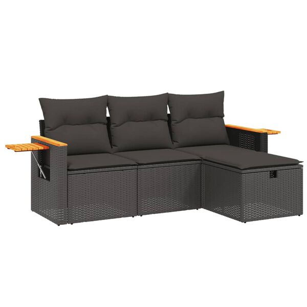 vidaXL Set mobilier de grădină cu perne, 4 piese, negru, poliratan