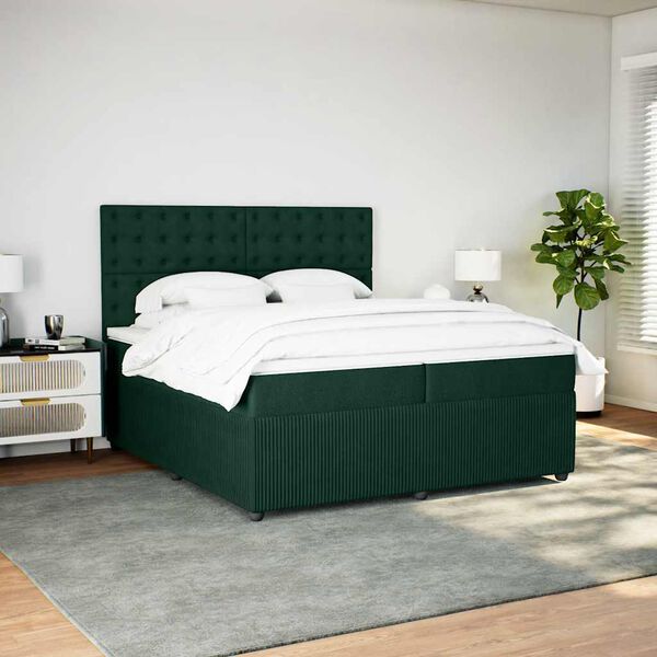 vidaXL Pat box spring cu saltea, verde &icirc;nchis, 200x200 cm, catifea