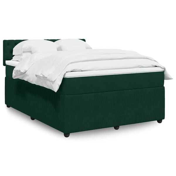 vidaXL Pat box spring cu saltea, verde &icirc;nchis, 140x190 cm, catifea