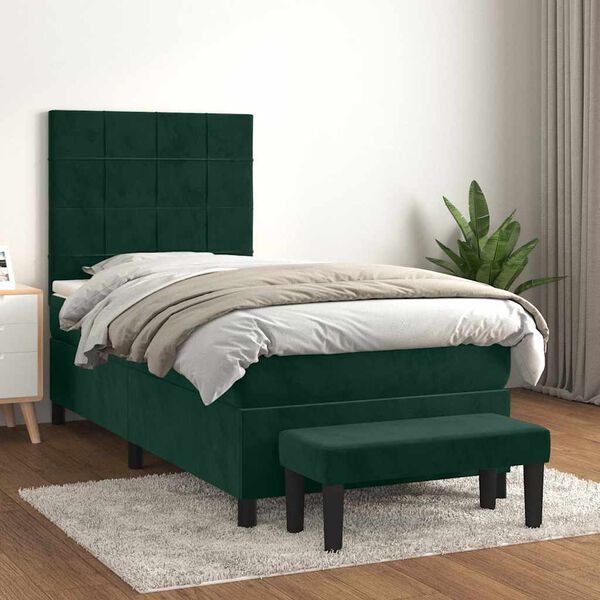 vidaXL Pat box spring cu saltea, verde &icirc;nchis, 90x200 cm, catifea