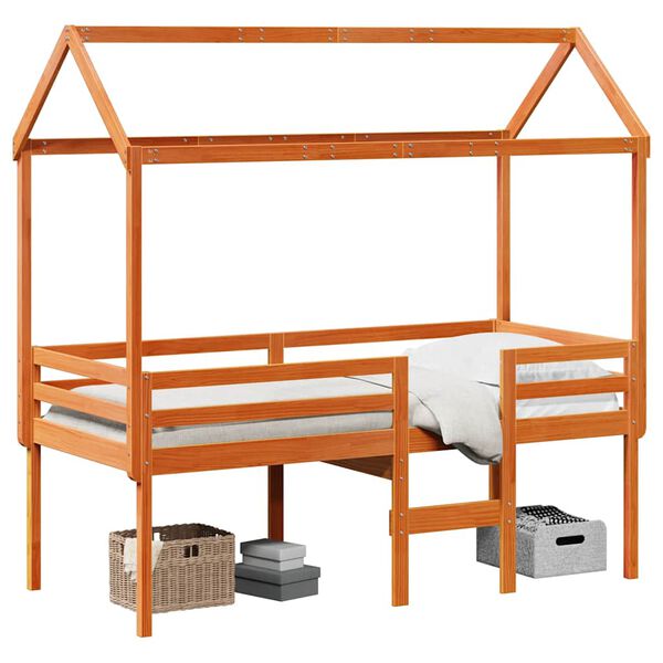 vidaXL Pat &icirc;nalt cu acoperiș, maro ceruit, 80x200 cm, lemn masiv pin