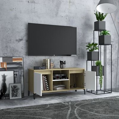vidaXL Comodă TV, picioare metalice, alb&stejar sonoma, 103,5x35x50 cm