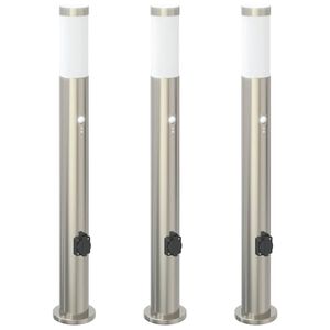 vidaXL St&acirc;lpi iluminatori cu senzor și priză, 3 buc., 80 cm, oțel inoxidabil, IP44