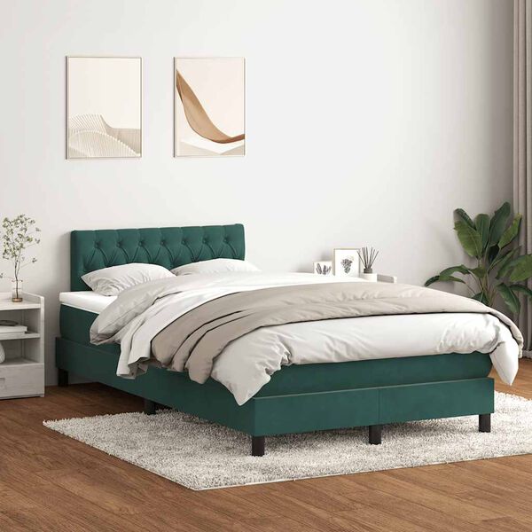 vidaXL Pat box spring cu saltea, verde &icirc;nchis, 120x220 cm, catifea