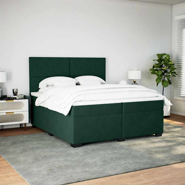 vidaXL Pat box spring cu saltea, verde &icirc;nchis, 200x200 cm, catifea