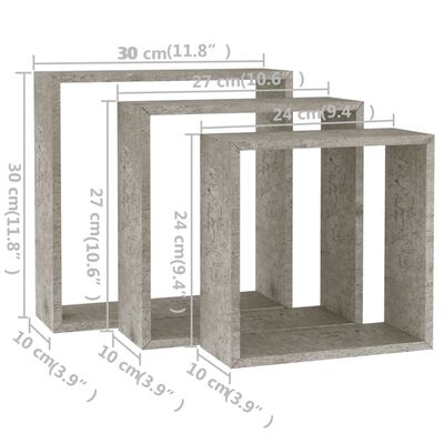 vidaXL Rafturi de perete cub, 3 buc., gri beton