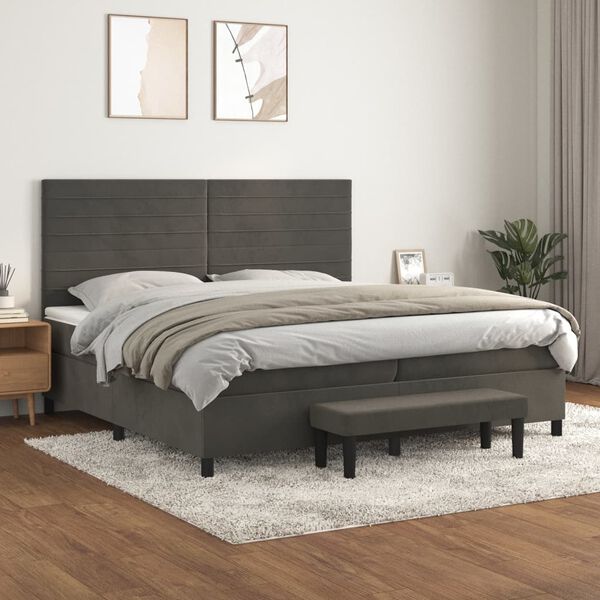 vidaXL Pat box spring cu saltea, gri &icirc;nchis, 200x200 cm, catifea