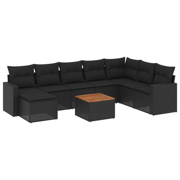 vidaXL Set mobilier de grădină cu perne, 9 piese, negru, poliratan