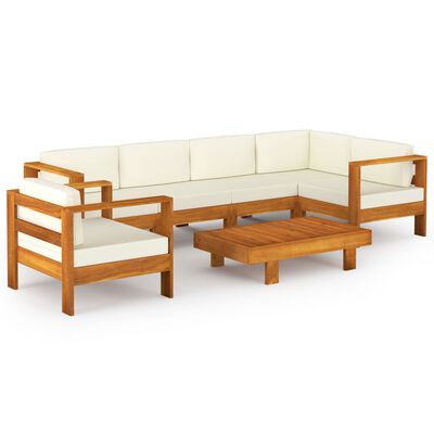 vidaXL Set mobilier grădină perne alb/crem, 7 piese, lemn masiv acacia