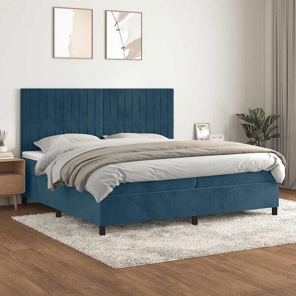 vidaXL Pat box spring cu saltea, albastru &icirc;nchis, 200x200 cm, catifea