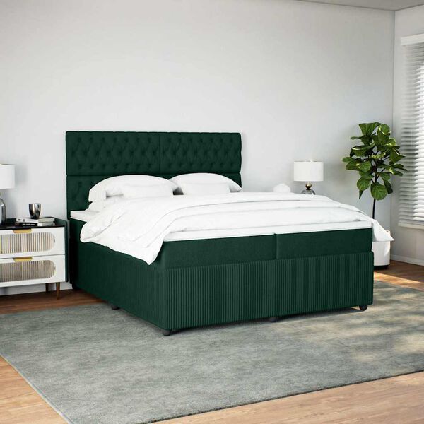 vidaXL Pat box spring cu saltea, verde &icirc;nchis, 200x200 cm, catifea