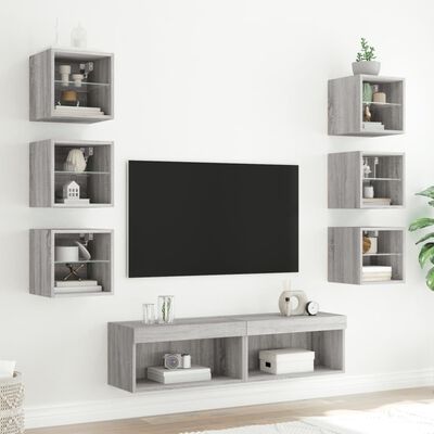 vidaXL Unități de perete TV cu LED-uri, 8 piese, gri sonoma, lemn