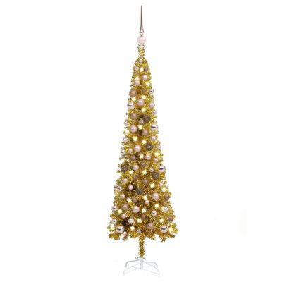 vidaXL Brad de Crăciun pre-iluminat slim, set globuri, auriu, 120 cm