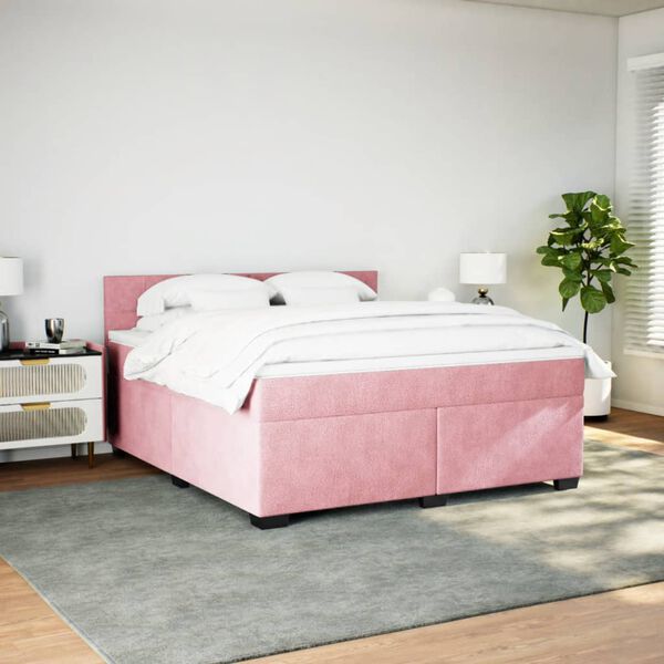 vidaXL Pat box spring cu saltea, roz, 180x200 cm, catifea