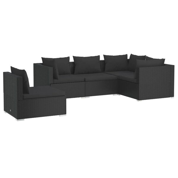 vidaXL Set mobilier de grădină cu perne, 5 piese, negru, poliratan