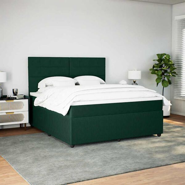 vidaXL Pat box spring cu saltea, verde &icirc;nchis, 180x200 cm, catifea