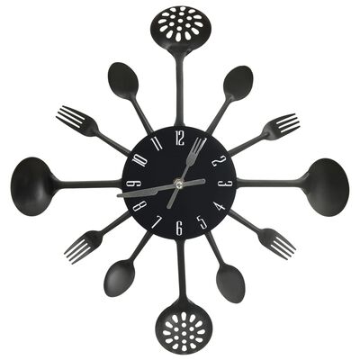 vidaXL Ceas perete cu model lingură/furculiță, negru, 40 cm, aluminiu
