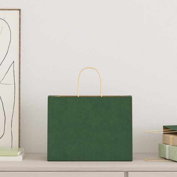 vidaXL Pungi de h&acirc;rtie 250 buc cu m&acirc;nere verde 32x17x25 cm